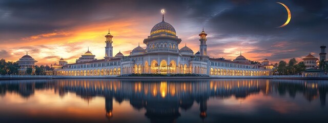 Fototapeta premium Magnificent mosque reflecting in water at sunset.