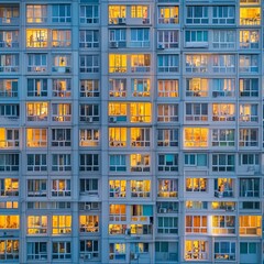 Windows of residential building with people at night. Concept. Night life in windows of multi-storey building. Luminous and dark windows in residential building