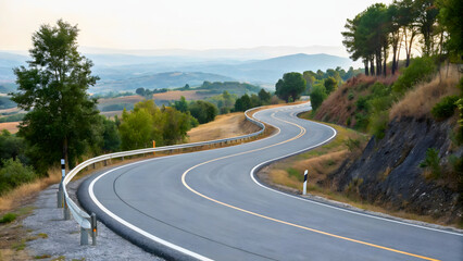 Scenic Serpentine Road Traversing Through Idyllic Countryside Landscape at Dusk