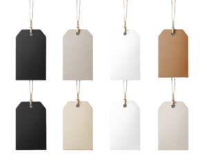 Eight Blank Gift Tags Hanging on Jute Twine, Neutral Colors, Transparent Background, PNG