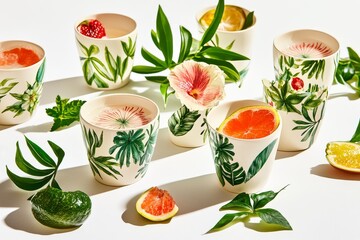 Artistic still-life of hand-painted ceramic cups filled with tropical drinks, fresh leaves, and exotic petals, capturing the indulgent and refreshing flavors of summer.