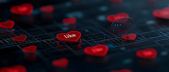 Abstract Digital Red Hearts on Dark Background
