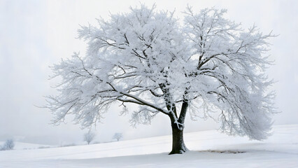 Fototapeta premium Snow-Covered Tree in a Serene Winter Landscape with Minimalist Atmosphere
