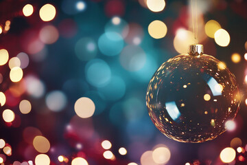 Christmas ornament hanging with bright bokeh lights and festive background, creating warm celebratory winter holiday atmosphere.