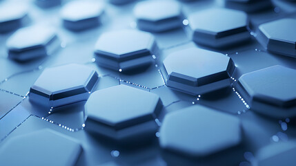 Abstract blue hexagonal shapes with dotted patterns on a clean white background, geometric layout, digital and technology-themed design