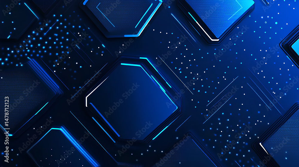 Poster abstract blue hexagonal shapes with dotted patterns on a clean white background, geometric layout, d