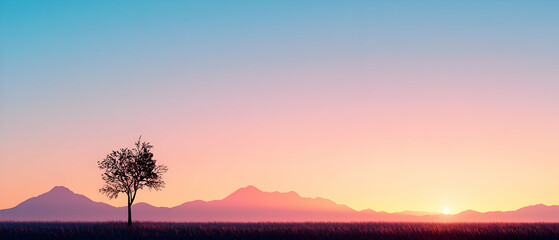 Peaceful Sunset Landscape With Silhouetted Tree And Mountains