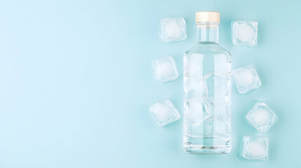 Clear Water Bottle With Ice Cubes On Light Blue Background