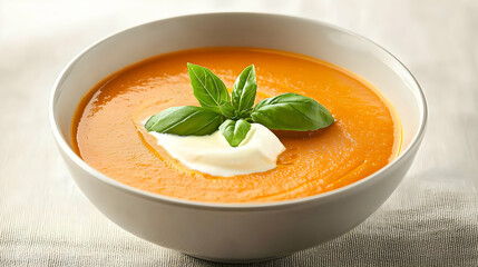 Creamy Orange Soup In White Bowl With Basil Topping