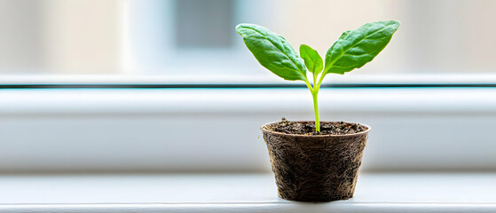 Small Sprout In Pot On Windowsill
