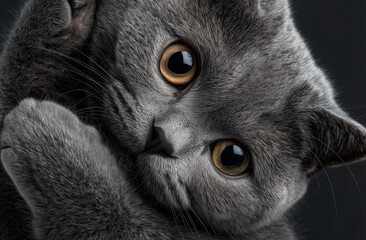 Close up of a charming grey kitten resting against a dark backdrop, its captivating gaze and playful paw adding to its irresistible appeal
