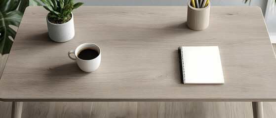 Rustic Wooden Desk With Coffee Cup And Notebook