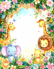 A colorful illustration featuring cute animals in a floral frame, ideal for invitations.