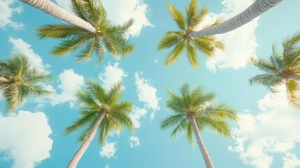 Fototapeta premium Palm trees reaching towards a bright, cloudy sky.