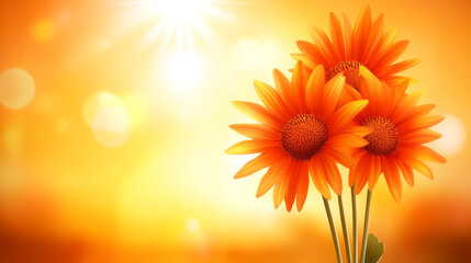 Obraz premium Bright orange flowers stand out against warm, glowing background, evoking feelings of joy and positivity. sun rays create cheerful atmosphere, perfect for celebrating nature beauty