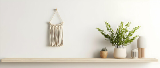 Simple Wall Decor With Plant On Wooden Shelf