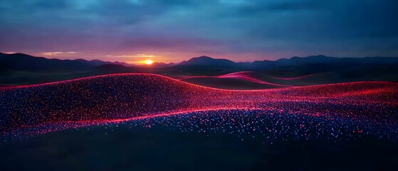 Abstract Sunset Landscape With Glowing Hills