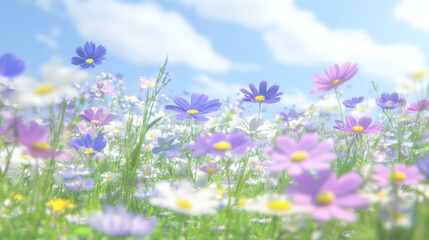 Fototapeta premium field of colorful flowers in various shades of purple, pink, and white, under bright blue sky with fluffy clouds, evokes sense of tranquility and beauty