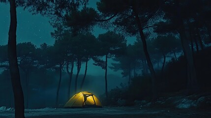 Illuminated campsite in a misty forest at night.