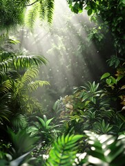 Obraz premium Lush jungle foliage with sunbeams filtering through canopy; low angle shot of tropical rainforest with vibrant green plants
