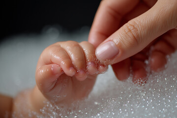 Fototapeta premium Mother gently holding her baby's hand covered in soap bubbles, providing a sense of security and love during bath time
