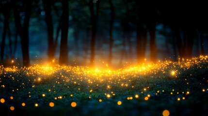 Naklejka premium Enchanted Forest Glow: Experience a mesmerizing forest scene where luminous fireflies dance and weave their magic amidst tall trees in a hushed, surreal environment.