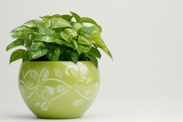 Pothos Plant Growing in Decorative Green Pot Still Life Studio Shot on White Background Indoors