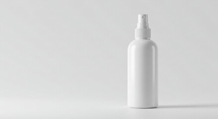 Empty white spray bottle mockup on plain background. Product standing upright, showcasing its clean design. Mockup for product design and advertising.