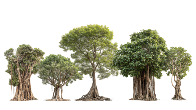 Five Green Trees with Exposed Roots on Transparent Background, PNG