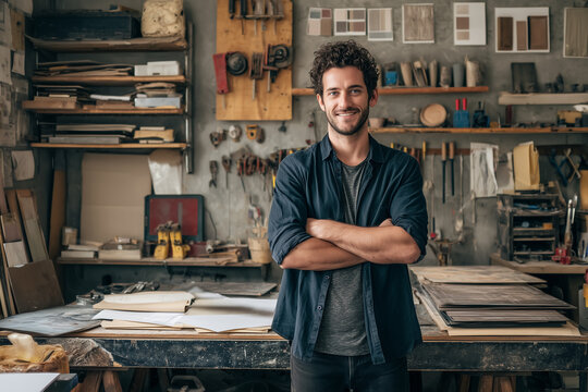 Portrait of a young smiling carpenter standing with arms crossed in his workshop, proud of his work