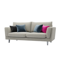 Fototapeta premium A comfortable couch with colorful pillows, ready for relaxation. This modern couch has a minimalist design and is perfect for any living room