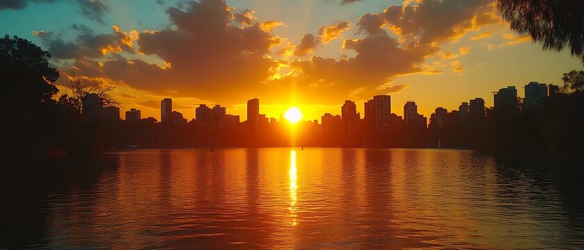 City skyline at sunset over a lake