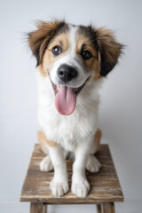 Happy puppy sitting on a wooden stool, panting with its tongue out and a big smile, radiating joy and playfulness in a studio setting
