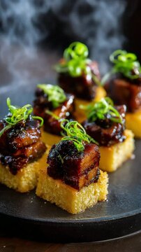 Seven Savory Pork Belly Appetizers on Cornbread Squares