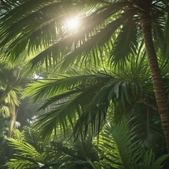 Fototapeta premium Lush green palm fronds, sunlight filtering through, illustration, vacation, texture