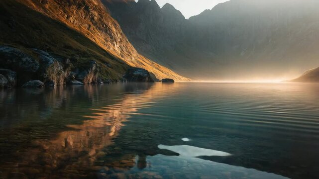 Sunrise illuminates a serene mountain lake, its calm waters reflecting the golden light and the rugged, snow dusted peaks. Autumnal colors tinge the slopes.