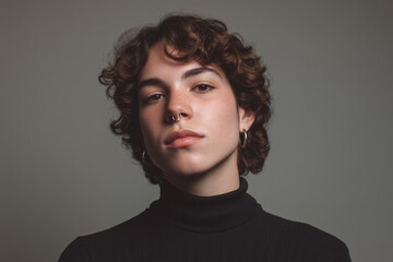 Studio portrait of androgynous young person wearing black turtleneck and silver earrings with nose piercing