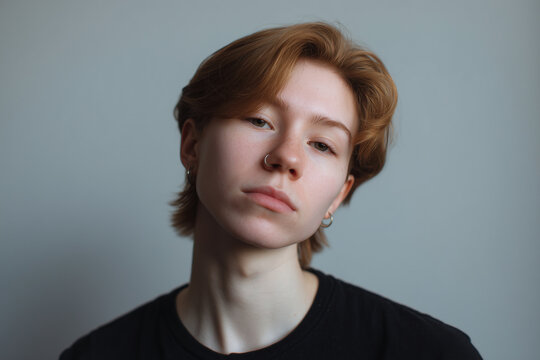 Portrait of confident young androgynous person with nose piercing and short ginger hair wearing black t shirt posing in studio against light gray background - Powered by Adobe