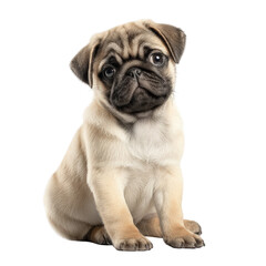 Obraz premium A cute fawn pug puppy with a wrinkled face is sitting and looking at the camera
