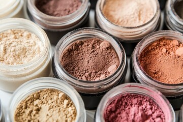 Assorted cosmetic powders in small jars.  Various shades of eyeshadow and blush