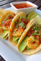 Close-up of Shrimp Tacos with Avocado and Salsa on White Plate with Lime and Sauce Bowl Cuisine