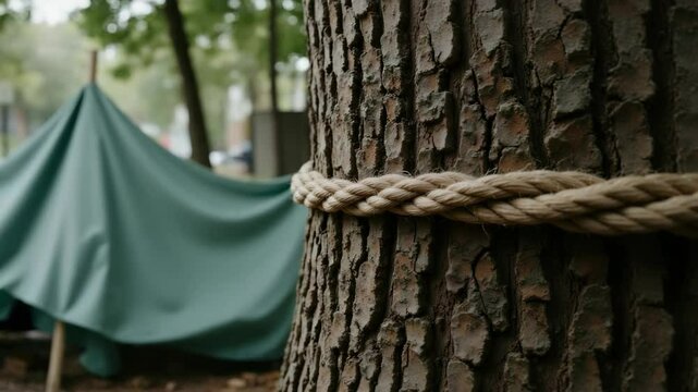 A close-up of a rope wrapped around a tree trunk with a green tent in the background, showcasing outdoor camping.