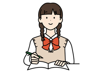 勉強する高校生 ベスト リボン 三つ編み