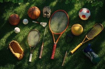 Assorted sports equipment on grassy field