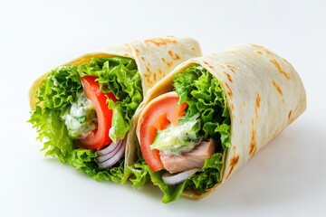 Two fresh, healthy wraps filled with vegetables and tuna.