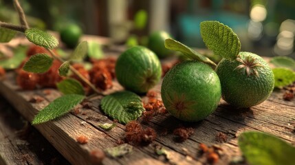 Fototapeta premium Fresh kiwis and leaves on a rustic wooden surface.