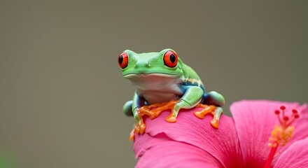 Naklejka premium Emerald Jewel Hibiscus Haven Red Eyed Wonder Tropical Bloom Hidden Treasure Vibrant Petals A Tiny King On A Pink Throne Forest Gem Daybreak Serenade