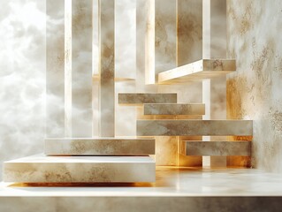 Elevated elegance: Abstract marble steps and pillars create a sense of transcendence