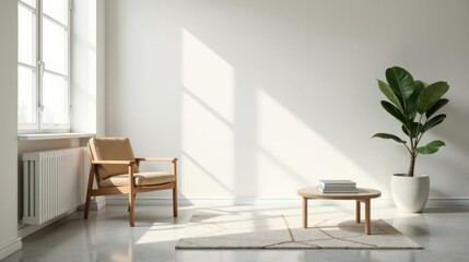 Fototapeta premium Serene Minimalist Room Design Featuring a Tan Chair, Wooden Coffee Table, and Stylish Potted Plant in Sunlight