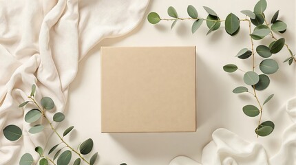cardboard box mockup on soft draped fabric with eucalyptus leaves. Elegant packaging and gifting concept flat lay.